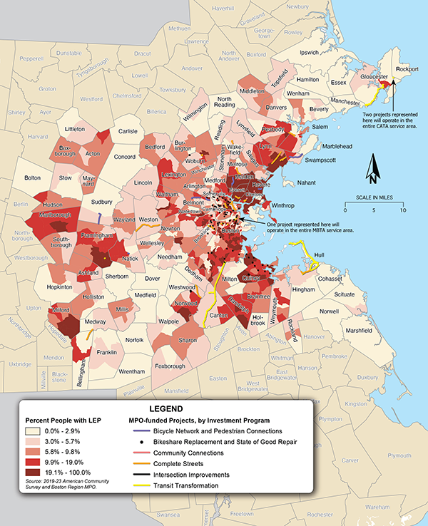 Figure 5-3 shows the percent of people with limited English proficiency in Boston region Census tracts, overlaid with MPO-funded projects in the TIP.